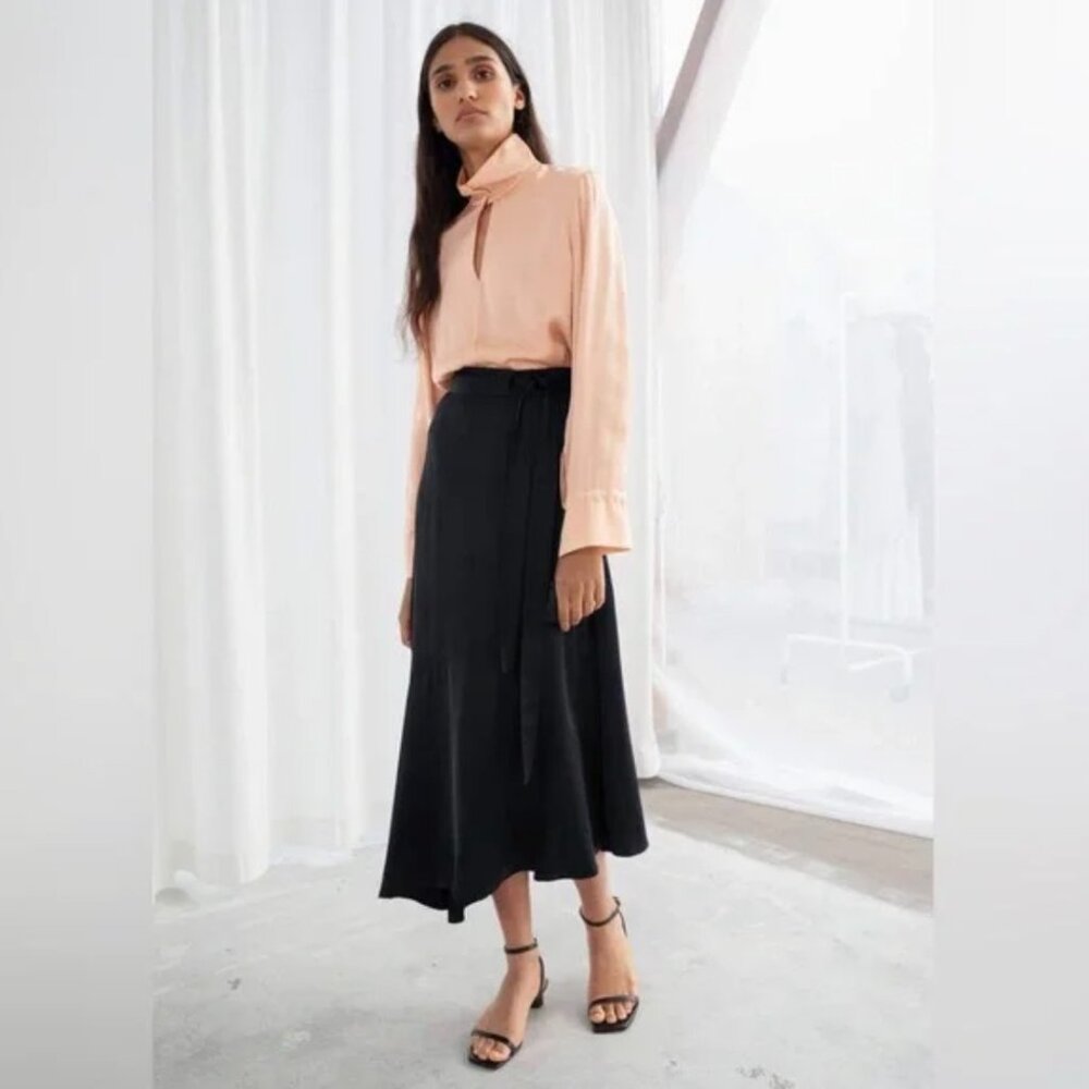 & Other Stories Women's Asymmetric Satin Midi Black Skirt Size 0